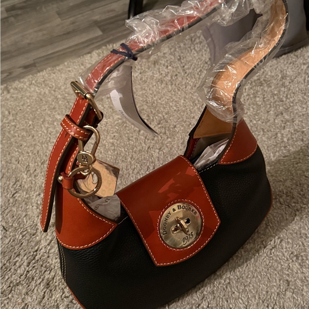 Dooney & Bourke Black and Tan Leather Shoulder Bag (w/ strap)